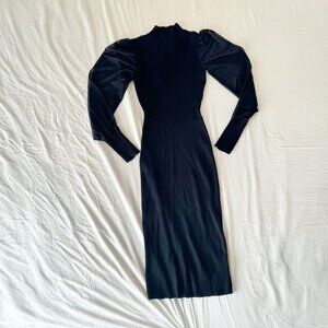 Midi Knit dress with puffy sheer sleeves - M